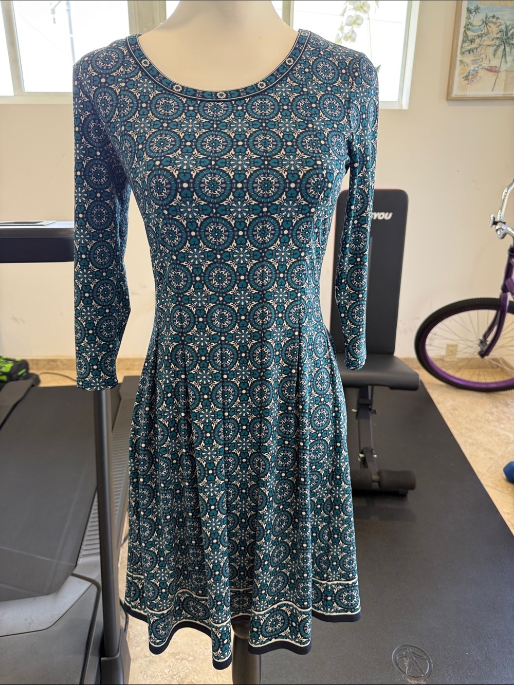 Max Studio Teal Patterned Long-Sleeve Fit & Flare Dress XS